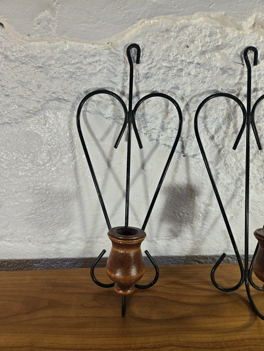 Rustic Heart Metal & Wood Wall Sconce Pair Taper Candle Holders Green